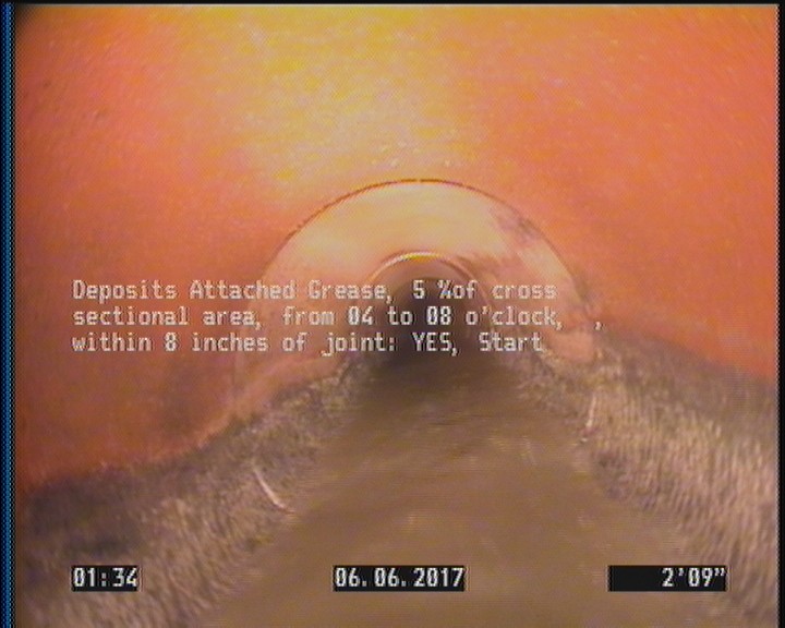 Deposits Attached Grease, 5 %of cross sectional area, from 04 to 08 o'clock, , within 8 inches of joint: YES, Start