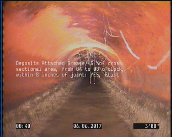 Deposits Attached Grease, 5 %of cross sectional area, from 04 to 08 o'clock, , within 8 inches of joint: YES, Start