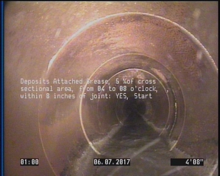 Deposits Attached Grease, 5 %of cross sectional area, from 04 to 08 o'clock, , within 8 inches of joint: YES, Start