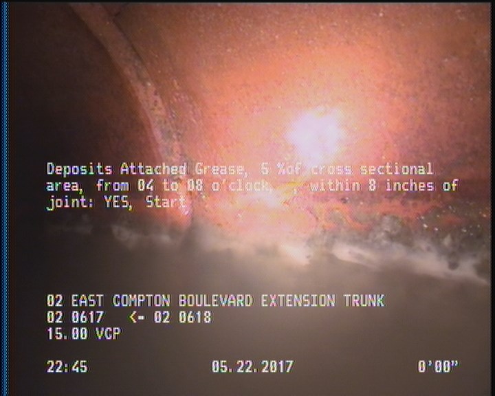 Deposits Attached Grease, 5 %of cross sectional area, from 04 to 08 o'clock, , within 8 inches of joint: YES, Start