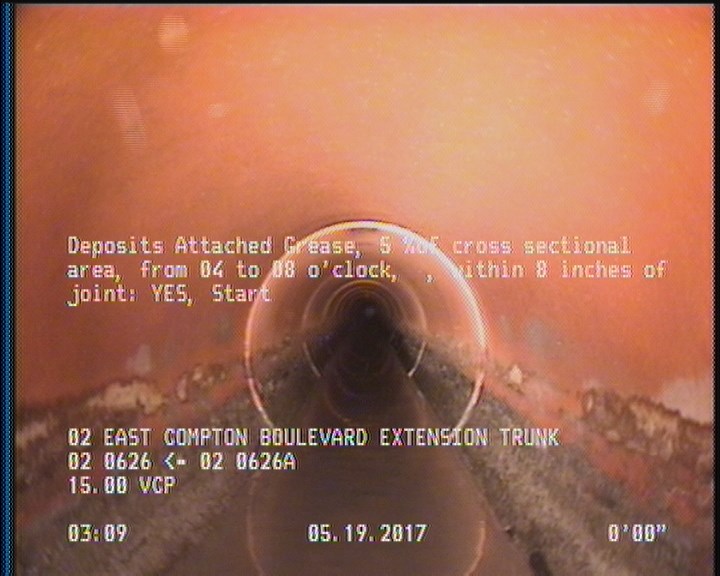 Deposits Attached Grease, 5 %of cross sectional area, from 04 to 08 o'clock, , within 8 inches of joint: YES, Start