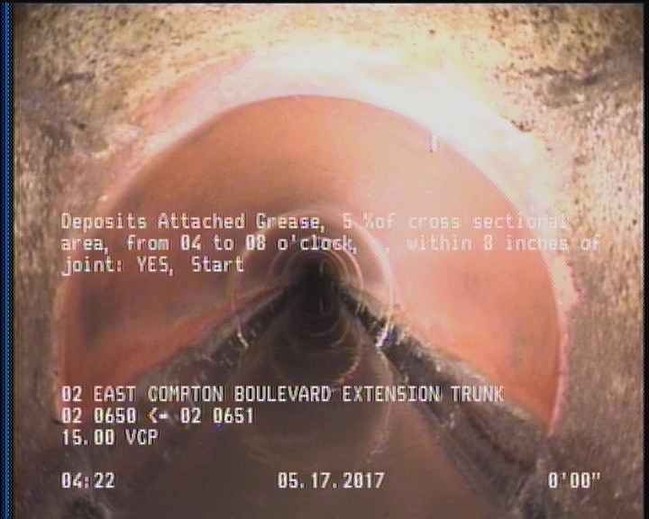 Deposits Attached Grease, 5 %of cross sectional area, from 04 to 08 o'clock, , within 8 inches of joint: YES, Start