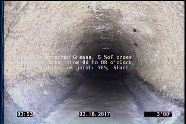 Deposits Attached Grease, 5 %of cross sectional area, from 04 to 08 o'clock, , within 8 inches of joint: YES, Start