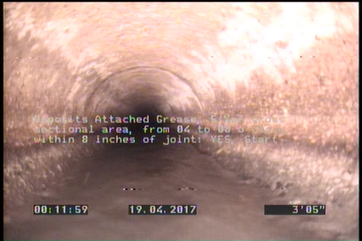 Deposits Attached Grease, 5 %of cross sectional area, from 04 to 08 o'clock, , within 8 inches of joint: YES, Start