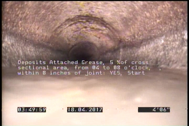 Deposits Attached Grease, 5 %of cross sectional area, from 04 to 08 o'clock, , within 8 inches of joint: YES, Start