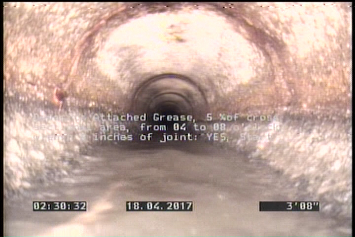 Deposits Attached Grease, 5 %of cross sectional area, from 04 to 08 o'clock, , within 8 inches of joint: YES, Start