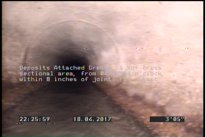 Deposits Attached Grease, 5 %of cross sectional area, from 04 to 08 o'clock, , within 8 inches of joint: YES, Start