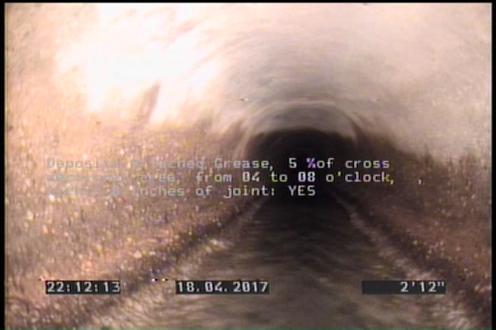 Deposits Attached Grease, 5 %of cross sectional area, from 04 to 08 o'clock, , within 8 inches of joint: YES, Start