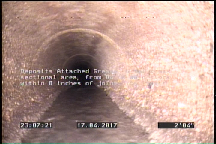 Deposits Attached Grease, 5 %of cross sectional area, from 04 to 08 o'clock, , within 8 inches of joint: YES, Start