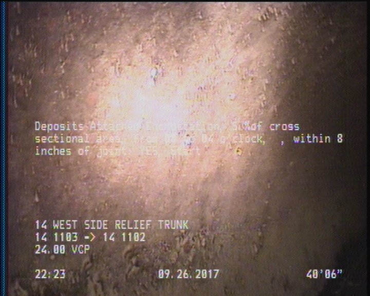 Deposits Attached Encrustation, 5 %of cross sectional area, from 08 to 04 o'clock, , within 8 inches of joint: YES, Start