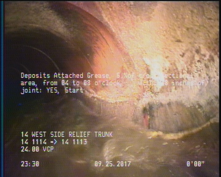 Deposits Attached Grease, 5 %of cross sectional area, from 04 to 08 o'clock, , within 8 inches of joint: YES, Start
