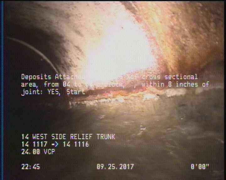 Deposits Attached Grease, 5 %of cross sectional area, from 04 to 08 o'clock, , within 8 inches of joint: YES, Start