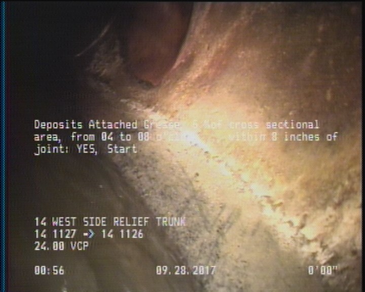 Deposits Attached Grease, 5 %of cross sectional area, from 04 to 08 o'clock, , within 8 inches of joint: YES, Start