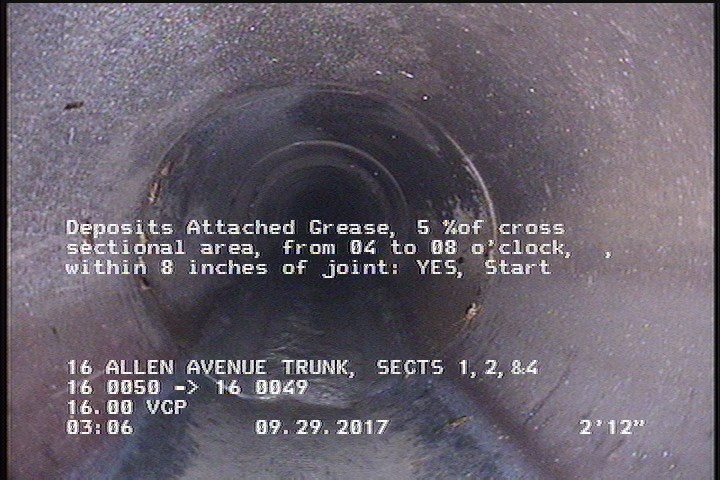 Deposits Attached Grease, 5 %of cross sectional area, from 04 to 08 o'clock, , within 8 inches of joint: YES, Start