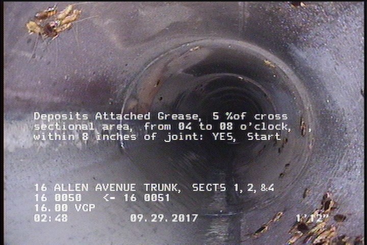 Deposits Attached Grease, 5 %of cross sectional area, from 04 to 08 o'clock, , within 8 inches of joint: YES, Start