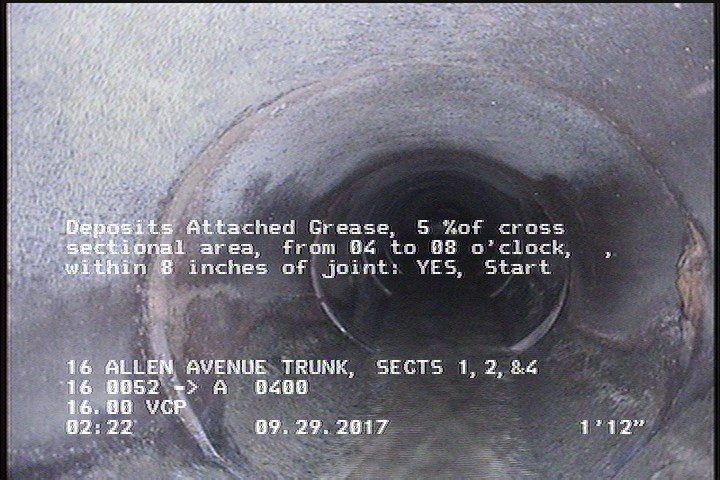 Deposits Attached Grease, 5 %of cross sectional area, from 04 to 08 o'clock, , within 8 inches of joint: YES, Start