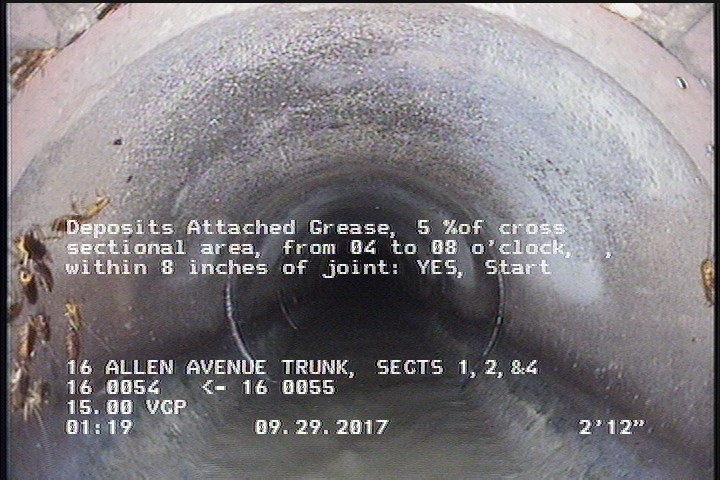 Deposits Attached Grease, 5 %of cross sectional area, from 04 to 08 o'clock, , within 8 inches of joint: YES, Start