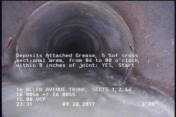 Deposits Attached Grease, 5 %of cross sectional area, from 04 to 08 o'clock, , within 8 inches of joint: YES, Start