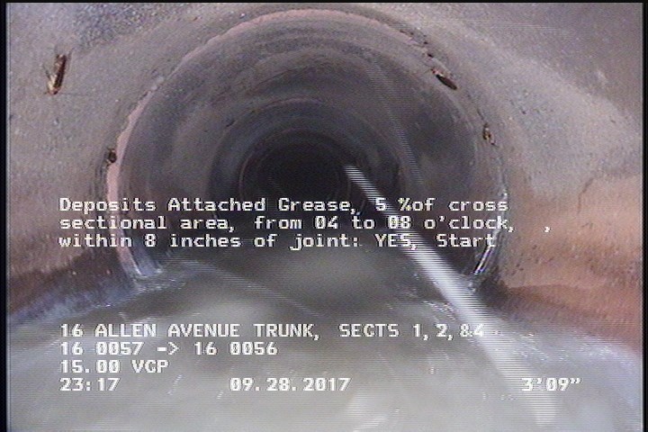 Deposits Attached Grease, 5 %of cross sectional area, from 04 to 08 o'clock, , within 8 inches of joint: YES, Start