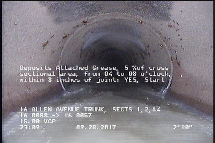 Deposits Attached Grease, 5 %of cross sectional area, from 04 to 08 o'clock, , within 8 inches of joint: YES, Start