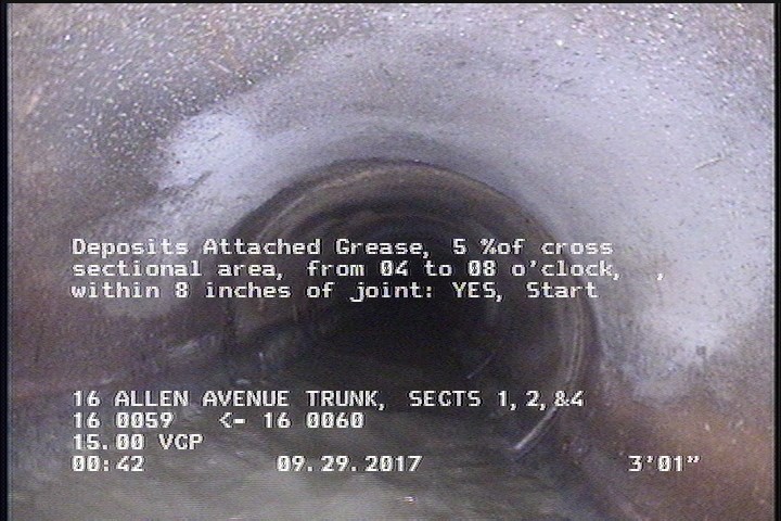 Deposits Attached Grease, 5 %of cross sectional area, from 04 to 08 o'clock, , within 8 inches of joint: YES, Start