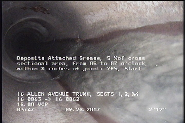 Deposits Attached Grease, 5 %of cross sectional area, from 05 to 07 o'clock, , within 8 inches of joint: YES, Start