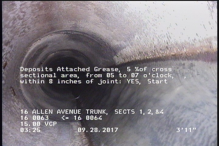 Deposits Attached Grease, 5 %of cross sectional area, from 05 to 07 o'clock, , within 8 inches of joint: YES, Start