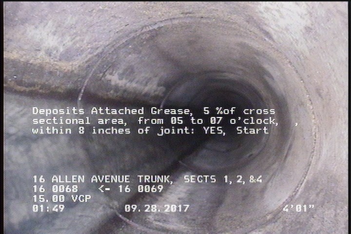 Deposits Attached Grease, 5 %of cross sectional area, from 05 to 07 o'clock, , within 8 inches of joint: YES, Start