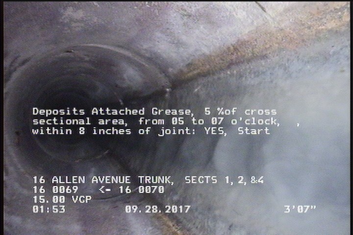 Deposits Attached Grease, 5 %of cross sectional area, from 05 to 07 o'clock, , within 8 inches of joint: YES, Start