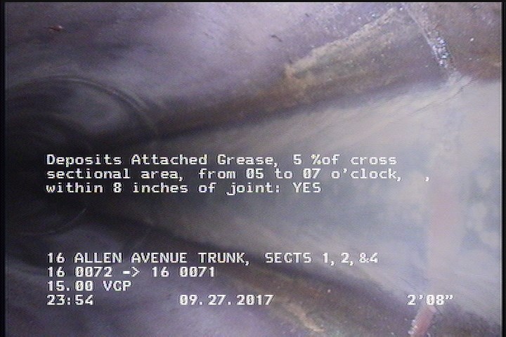 Deposits Attached Grease, 5 %of cross sectional area, from 05 to 07 o'clock, , within 8 inches of joint: YES, Start