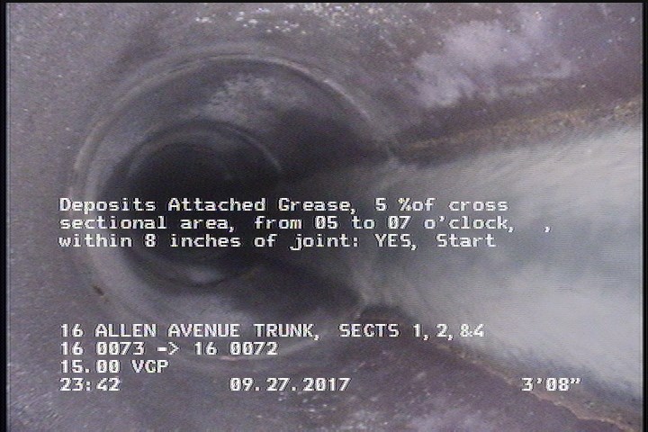 Deposits Attached Grease, 5 %of cross sectional area, from 05 to 07 o'clock, , within 8 inches of joint: YES, Start