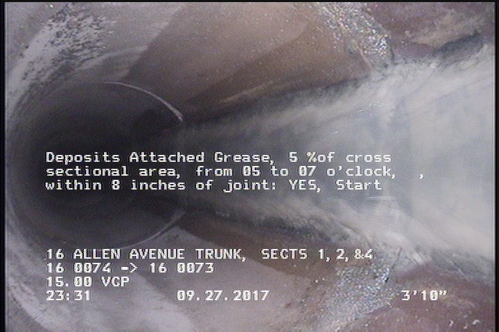 Deposits Attached Grease, 5 %of cross sectional area, from 05 to 07 o'clock, , within 8 inches of joint: YES, Start