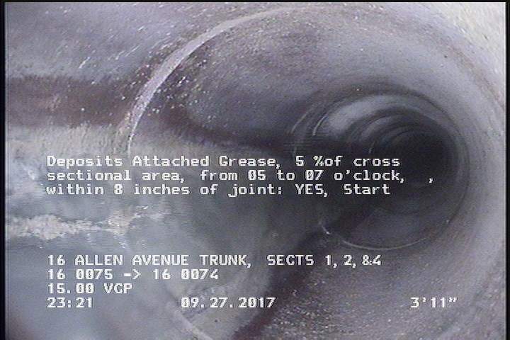 Deposits Attached Grease, 5 %of cross sectional area, from 05 to 07 o'clock, , within 8 inches of joint: YES, Start