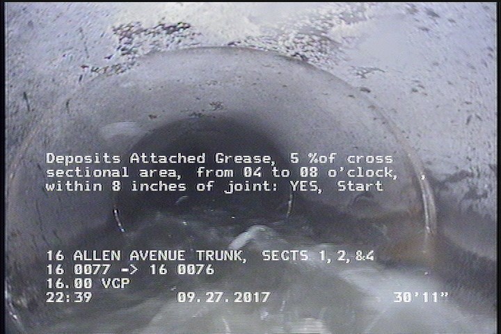 Deposits Attached Grease, 5 %of cross sectional area, from 04 to 08 o'clock, , within 8 inches of joint: YES, Start