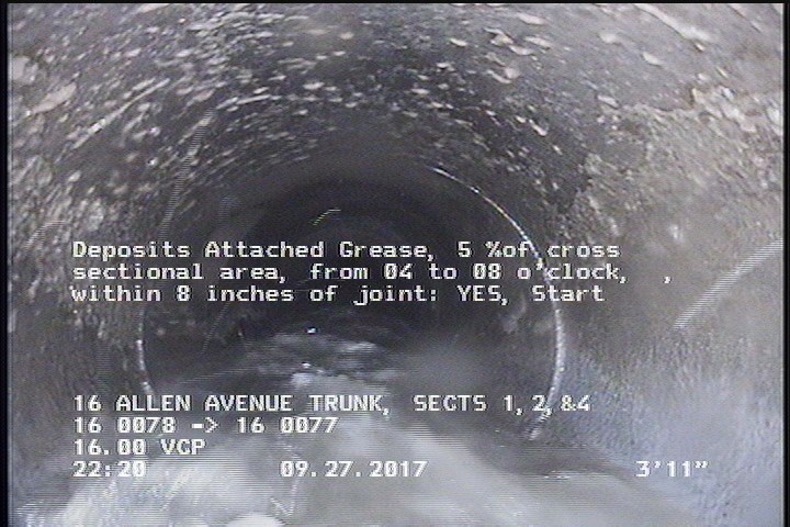 Deposits Attached Grease, 5 %of cross sectional area, from 04 to 08 o'clock, , within 8 inches of joint: YES, Start