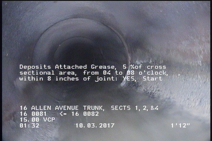 Deposits Attached Grease, 5 %of cross sectional area, from 04 to 08 o'clock, , within 8 inches of joint: YES, Start