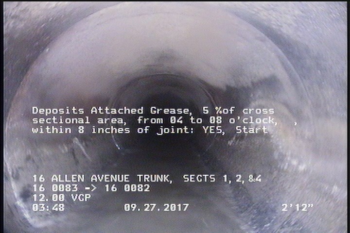 Deposits Attached Grease, 5 %of cross sectional area, from 04 to 08 o'clock, , within 8 inches of joint: YES, Start