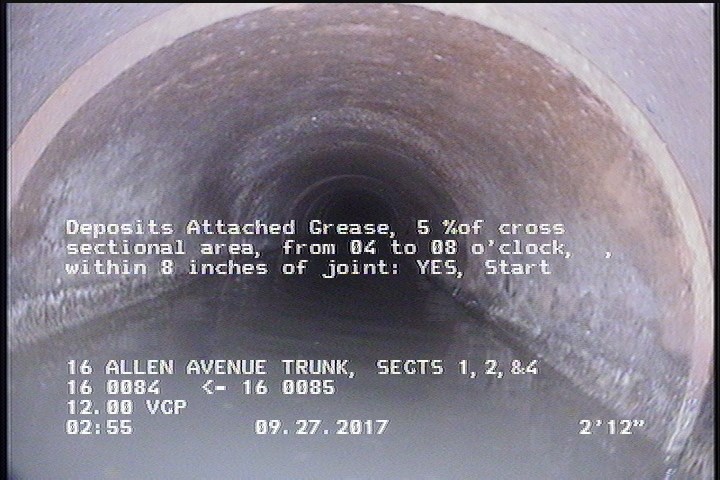 Deposits Attached Grease, 5 %of cross sectional area, from 04 to 08 o'clock, , within 8 inches of joint: YES, Start