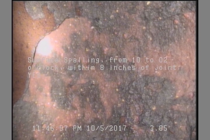 Surface Spalling, from 10 to 02 o'clock, within 8 inches of joint: YES, Start