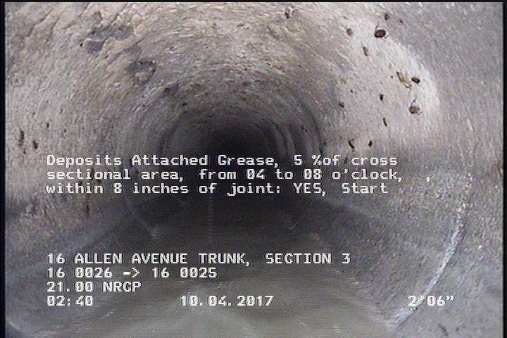 Deposits Attached Grease, 5 %of cross sectional area, from 04 to 08 o'clock, , within 8 inches of joint: YES, Start