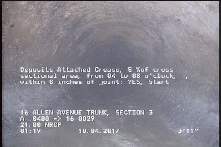 Deposits Attached Grease, 5 %of cross sectional area, from 04 to 08 o'clock, , within 8 inches of joint: YES, Start