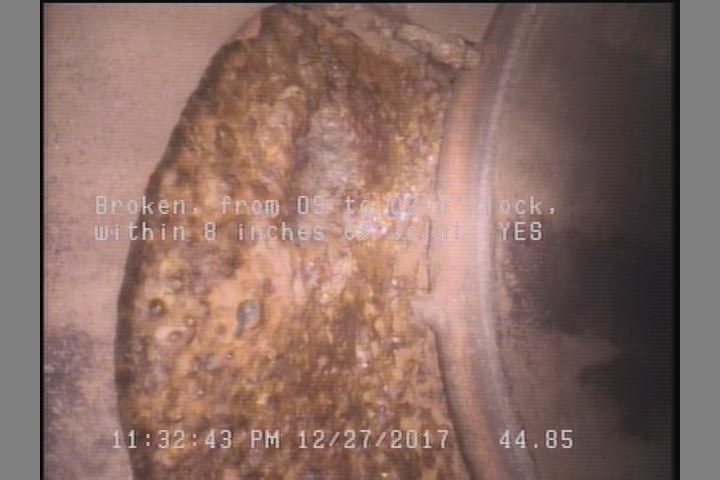 Broken, from 09 to 02 o'clock, within 8 inches of joint: YES