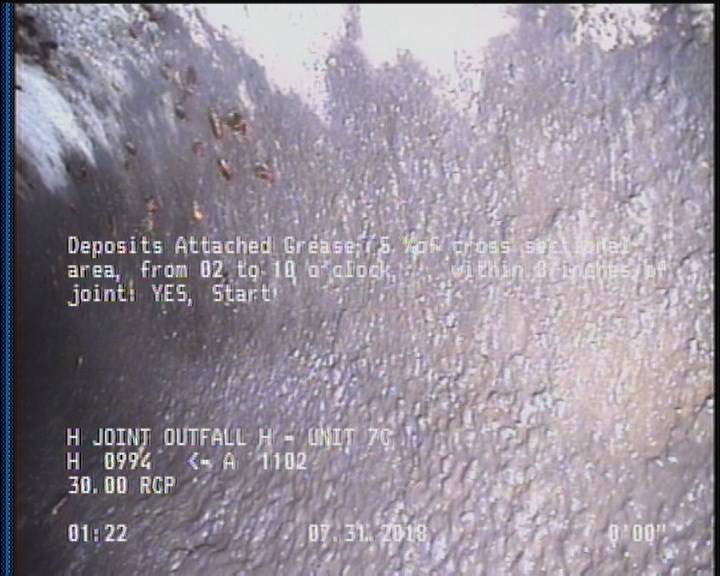 Deposits Attached Grease, 5 %of cross sectional area, from 02 to 10 o'clock, , within 8 inches of joint: YES, Start