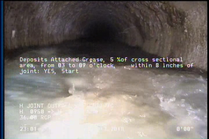 Deposits Attached Grease, 5 %of cross sectional area, from 03 to 09 o'clock, , within 8 inches of joint: YES, Start