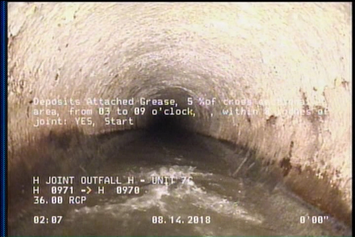 Deposits Attached Grease, 5 %of cross sectional area, from 03 to 09 o'clock, , within 8 inches of joint: YES, Start