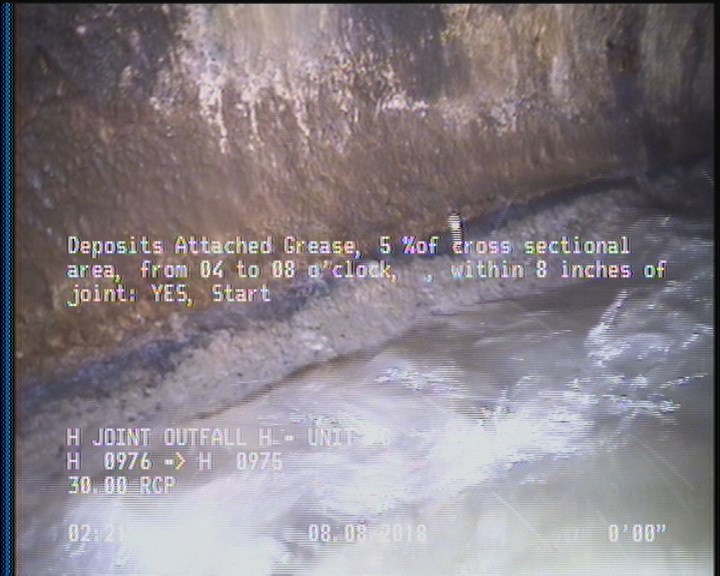 Deposits Attached Grease, 5 %of cross sectional area, from 04 to 08 o'clock, , within 8 inches of joint: YES, Start