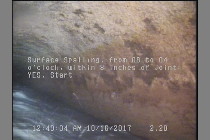 Surface Spalling, from 08 to 04 o'clock, within 8 inches of joint: YES, Start