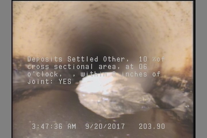 Deposits Settled Other, 10 %of cross sectional area, at 06 o'clock, , within 8 inches of joint: YES, Start