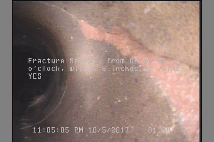 Fracture Spiral, from 08 to 02 o'clock, within 8 inches of joint: YES - POSSIBLY BROKEN WITH SOIL