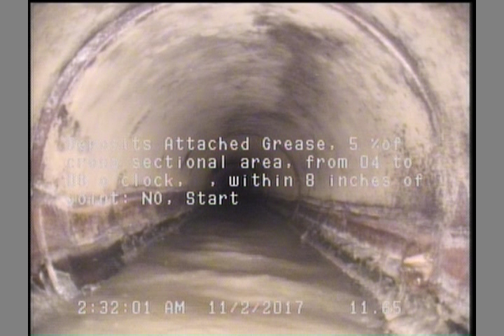 Deposits Attached Grease, 5 %of cross sectional area, from 04 to 08 o'clock, , within 8 inches of joint: NO, Start